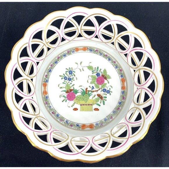 Herend Other - Herend Bowl Hungary Porcelain Round Open Weave Basket 7" Butterfly Handpainted